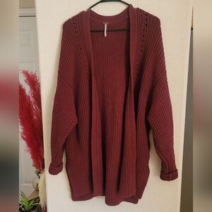 Free People Nightingale Burgundy Ribbed Open Knit Oversized Cardigan Size Small